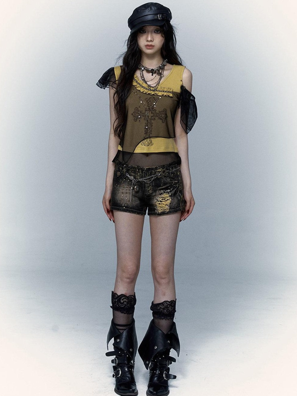 NO ROMANCE Asymmetrical Mesh Patchwork Cross V-neck Street Rock Yellow Black Crop Tops