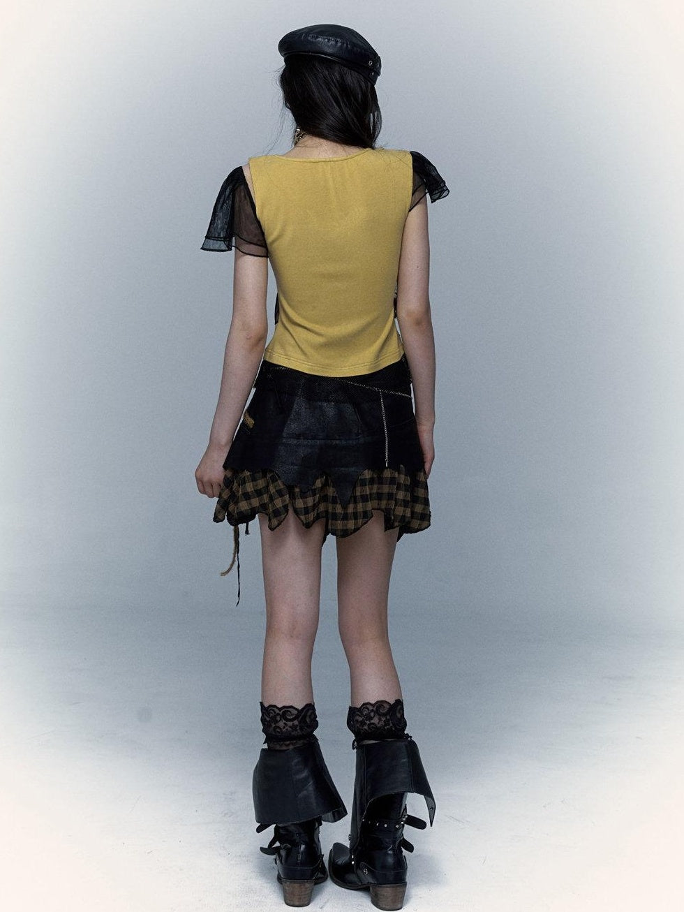 NO ROMANCE Asymmetrical Mesh Patchwork Cross V-neck Street Rock Yellow Black Crop Tops