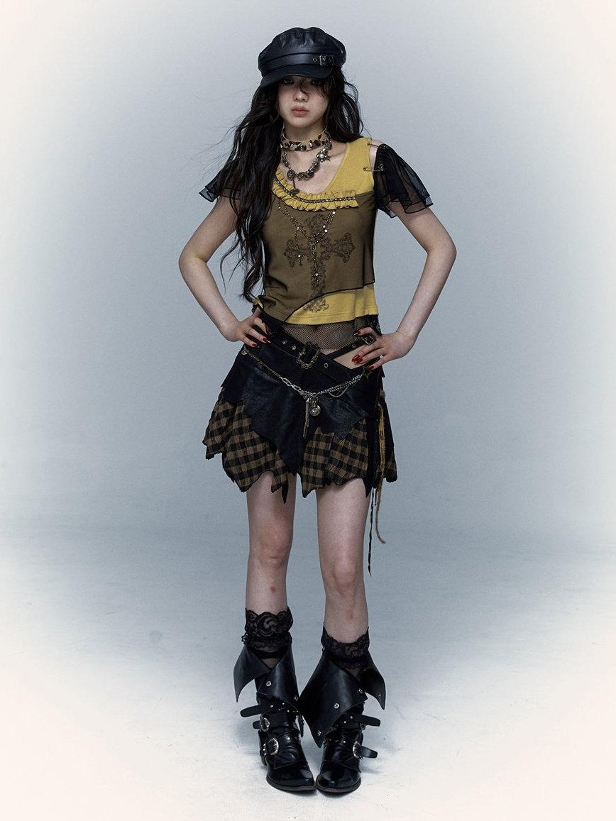NO ROMANCE Asymmetrical Mesh Patchwork Cross V-neck Street Rock Yellow Black Crop Tops