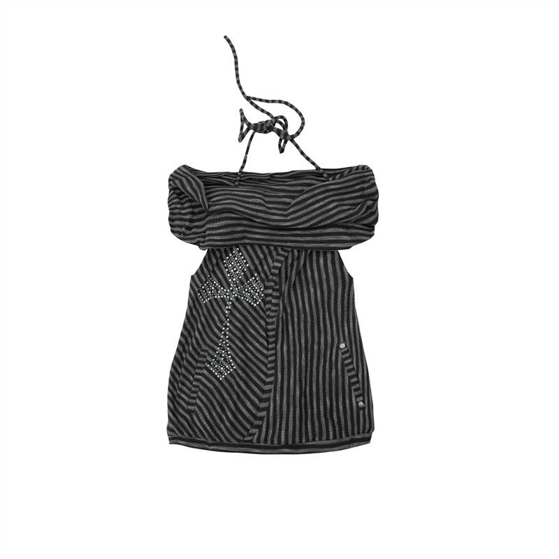 NO_ROMANCE_Backless_Studded_Tie_Halter_Loose_Fit_Striped_Youth_Cotton_Blend_Tank_Tops_MISSTT