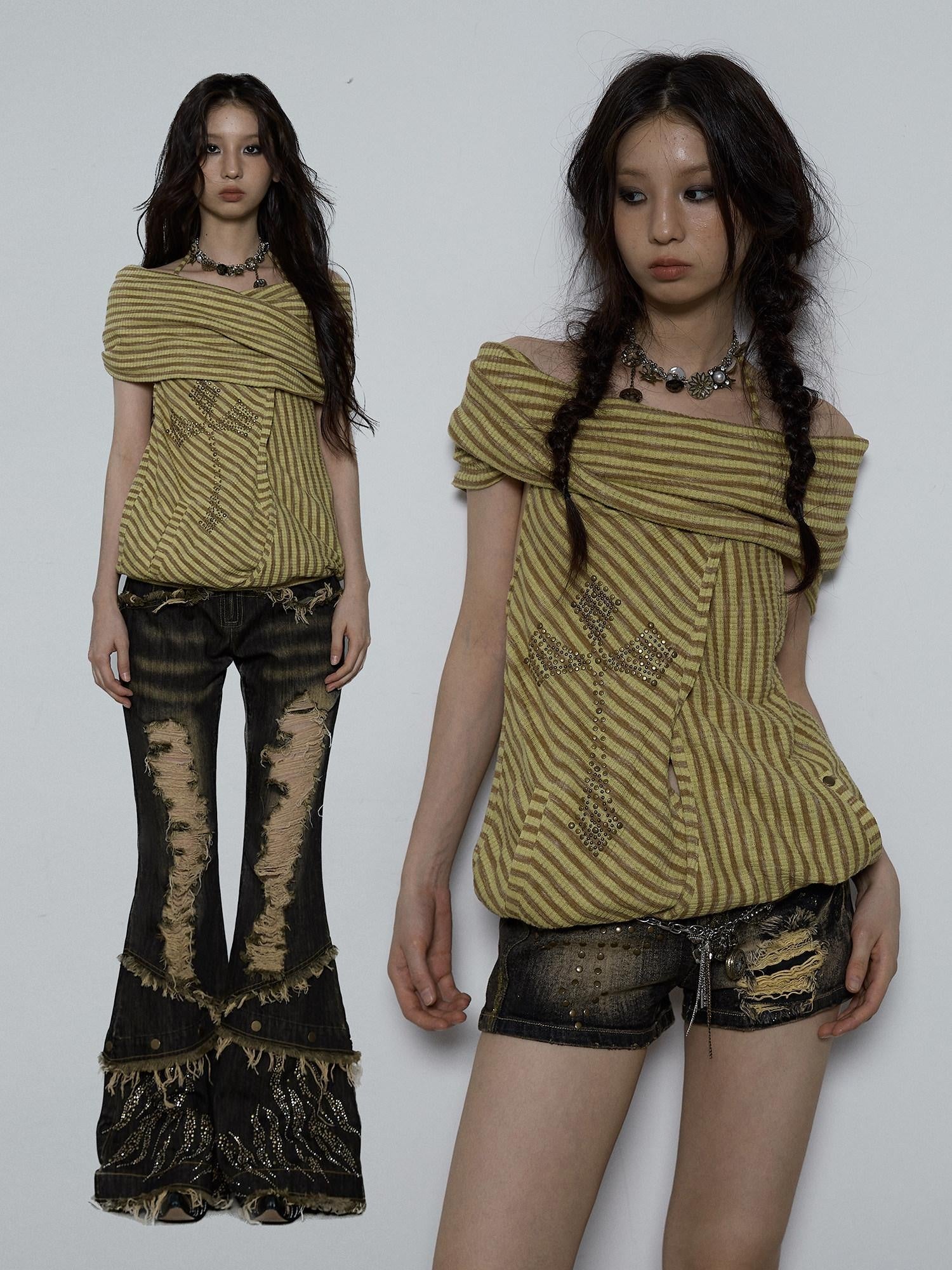 NO ROMANCE Backless Studded Tie Halter Loose Fit Striped Youth Cotton Blend Tank Tops