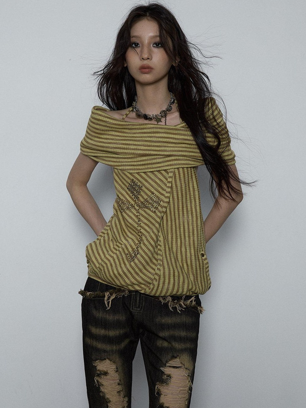 NO ROMANCE Backless Studded Tie Halter Loose Fit Striped Youth Cotton Blend Tank Tops