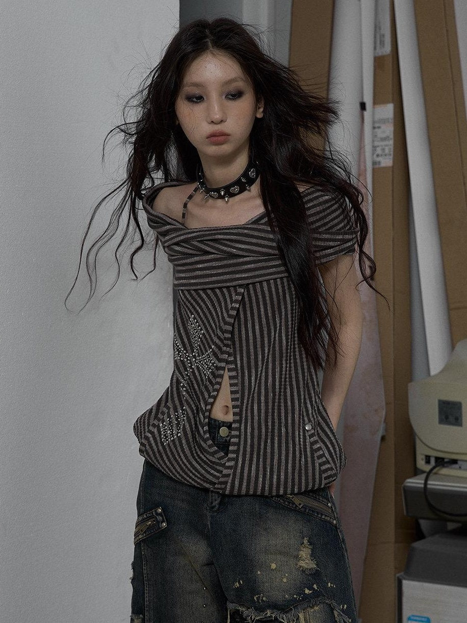 NO ROMANCE Backless Studded Tie Halter Loose Fit Striped Youth Cotton Blend Tank Tops