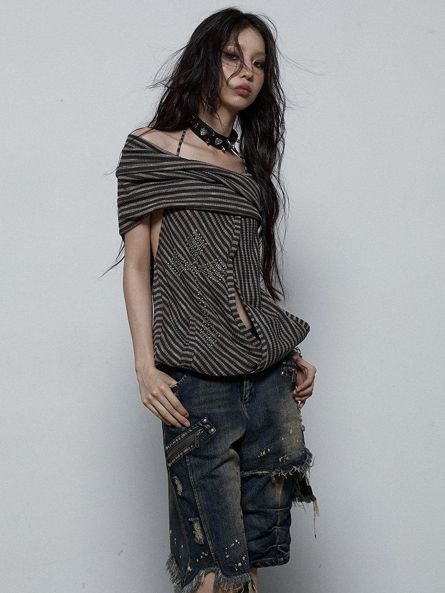 NO ROMANCE Backless Studded Tie Halter Loose Fit Striped Youth Cotton Blend Tank Tops