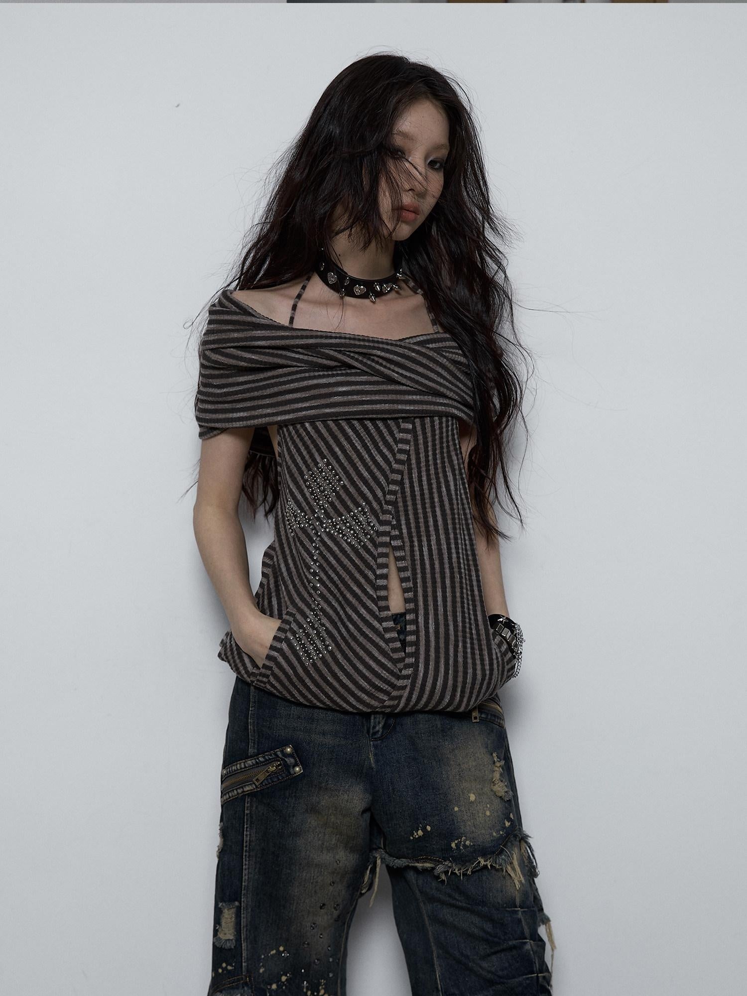 NO ROMANCE Backless Studded Tie Halter Loose Fit Striped Youth Cotton Blend Tank Tops