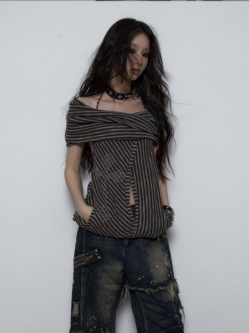 NO ROMANCE Backless Studded Tie Halter Loose Fit Striped Youth Cotton Blend Tank Tops