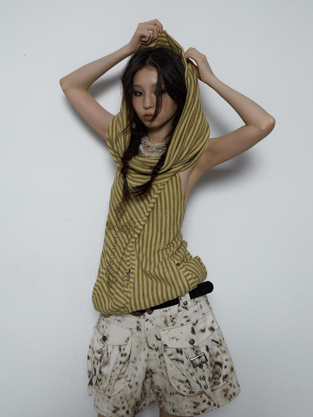 NO ROMANCE Backless Studded Tie Halter Loose Fit Striped Youth Cotton Blend Tank Tops