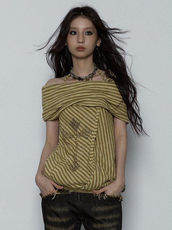 NO ROMANCE Backless Studded Tie Halter Loose Fit Striped Youth Cotton Blend Tank Tops