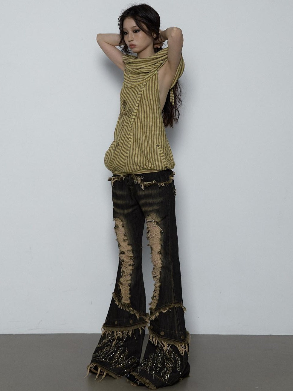 NO ROMANCE Backless Studded Tie Halter Loose Fit Striped Youth Cotton Blend Tank Tops