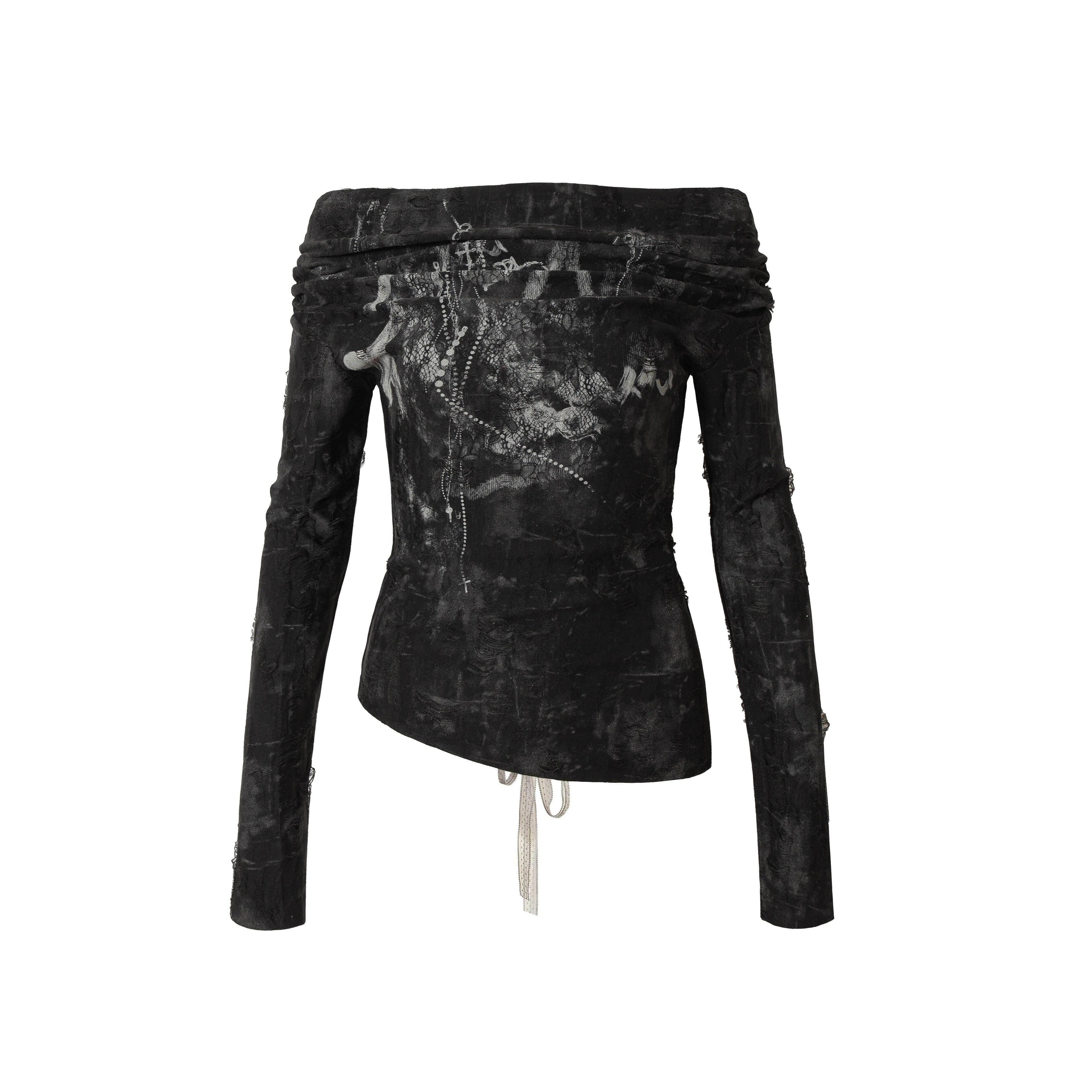 NO_ROMANCE_Black_Ombre_Printed_Off_Shoulder_Street_Punk_Slim_Womens_Long_Sleeve_T-Shirts_MISSTT