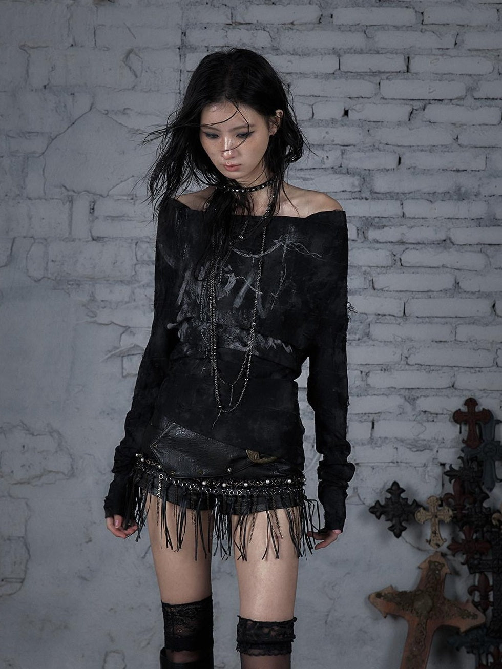 NO ROMANCE Black Ombre Printed Off Shoulder Street Punk Slim Womens Long Sleeve T-Shirts