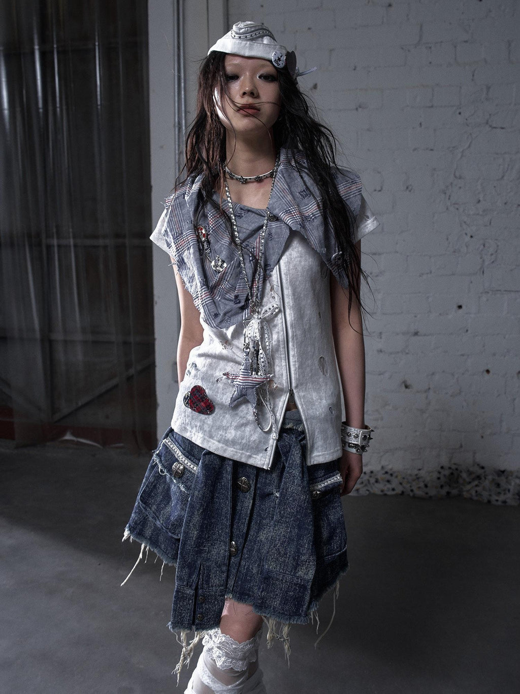 NO ROMANCE Blue White Check Punk Street Style Regular Fit Women Short Sleeve T-Shirts