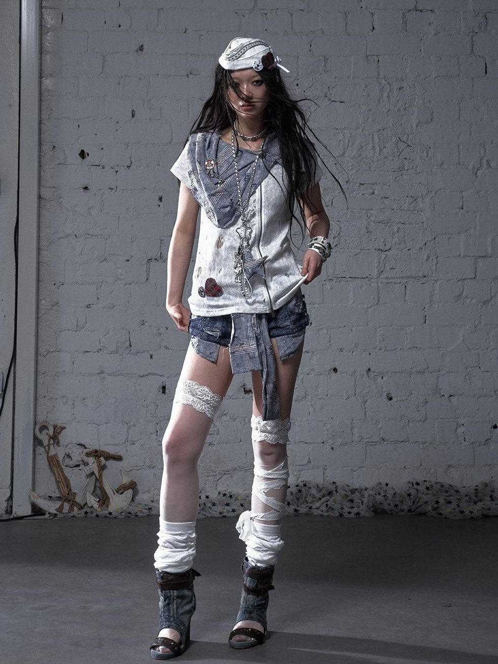 NO ROMANCE Blue White Check Punk Street Style Regular Fit Women Short Sleeve T-Shirts