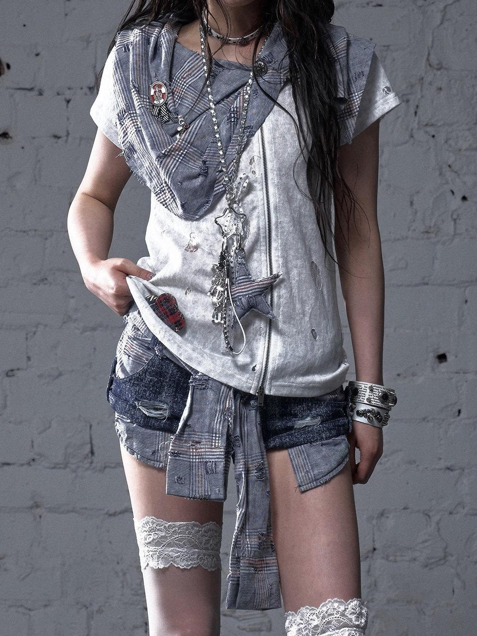 NO ROMANCE Blue White Check Punk Street Style Regular Fit Women Short Sleeve T-Shirts
