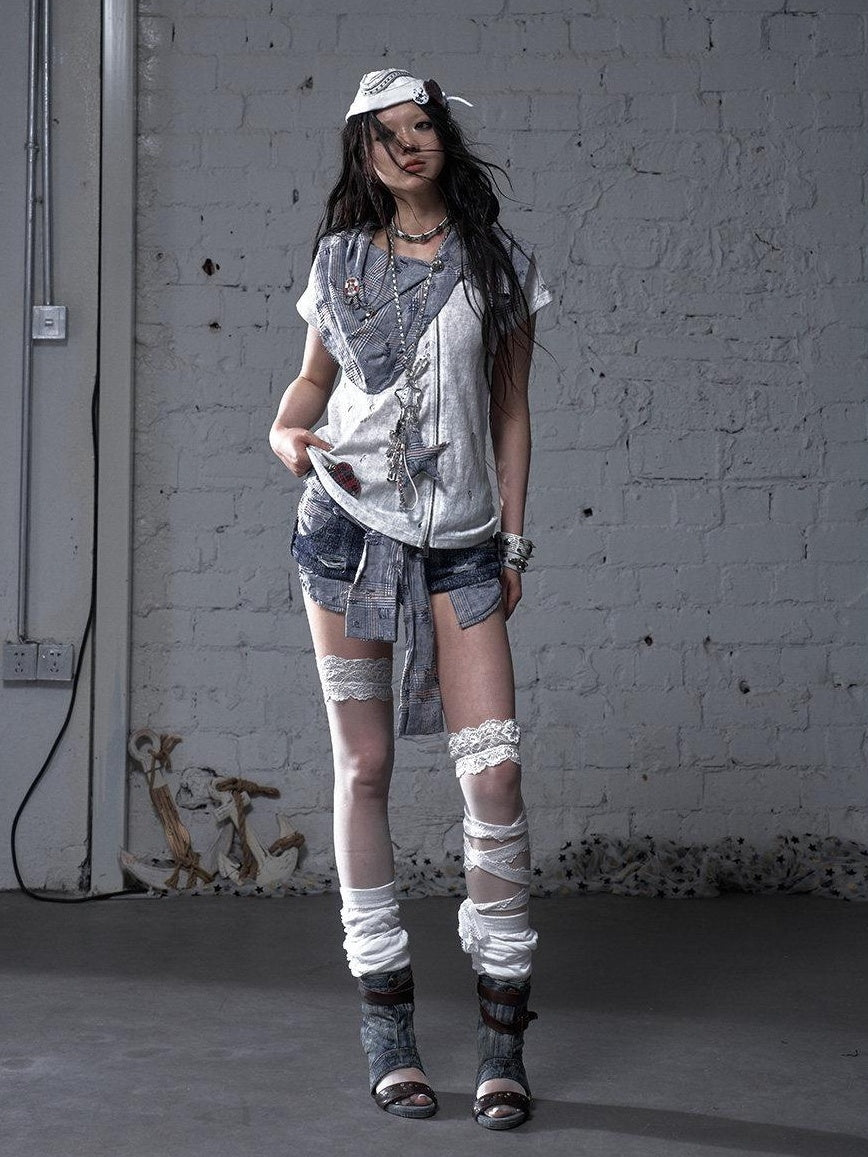 NO ROMANCE Blue White Check Punk Street Style Regular Fit Women Short Sleeve T-Shirts