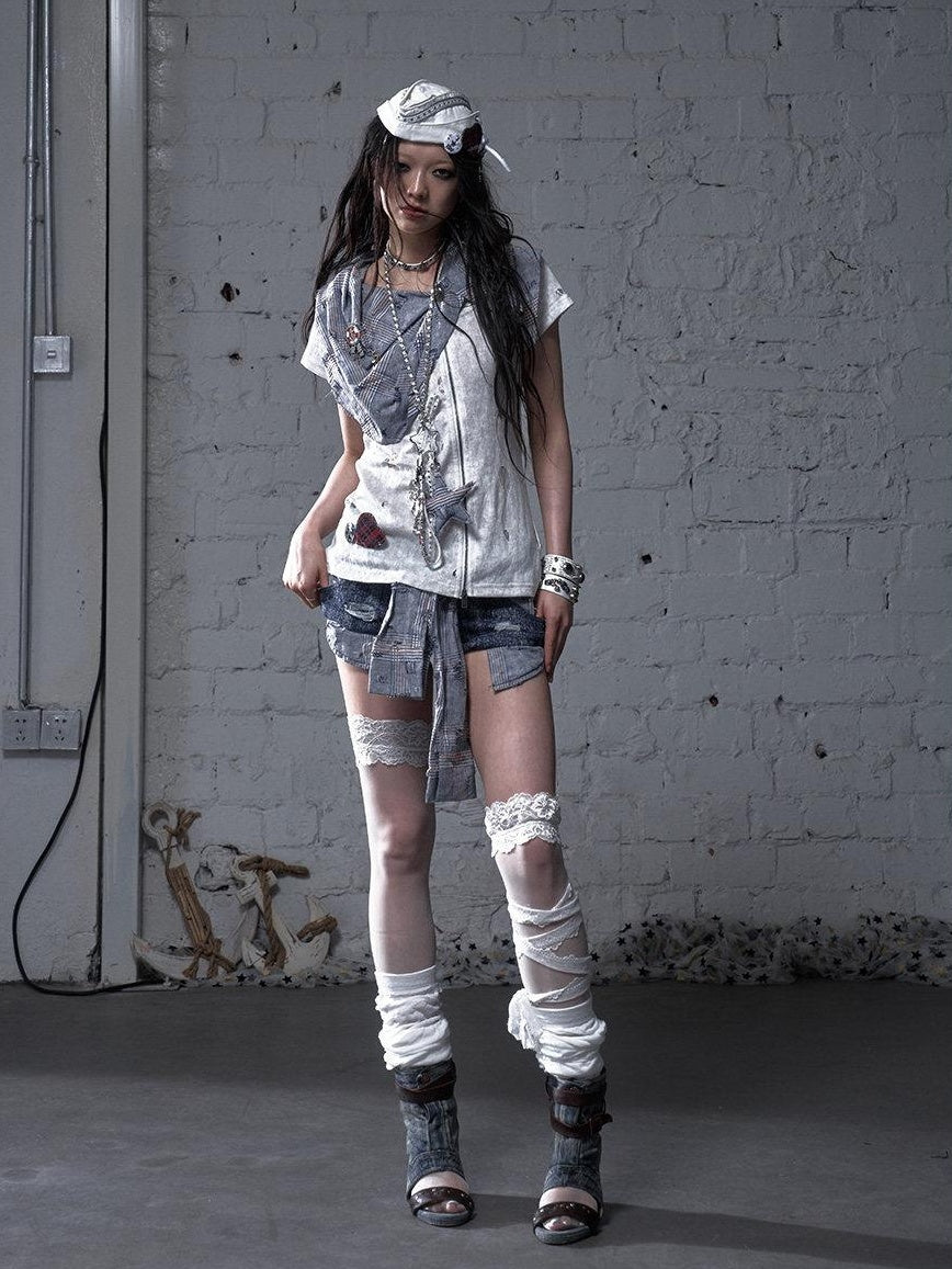 NO ROMANCE Blue White Check Punk Street Style Regular Fit Women Short Sleeve T-Shirts
