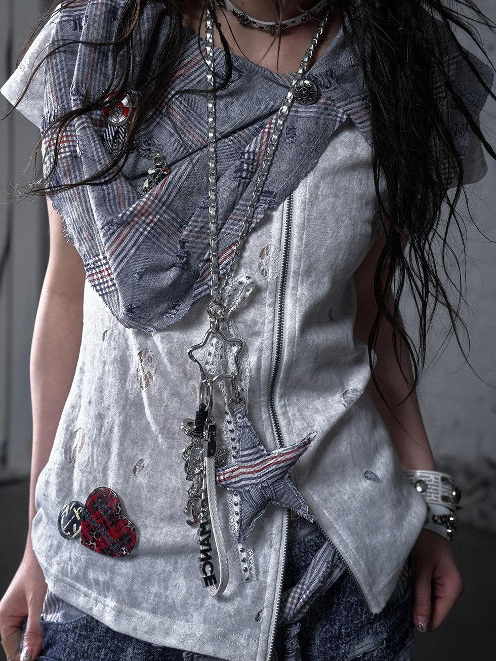 NO ROMANCE Blue White Check Punk Street Style Regular Fit Women Short Sleeve T-Shirts