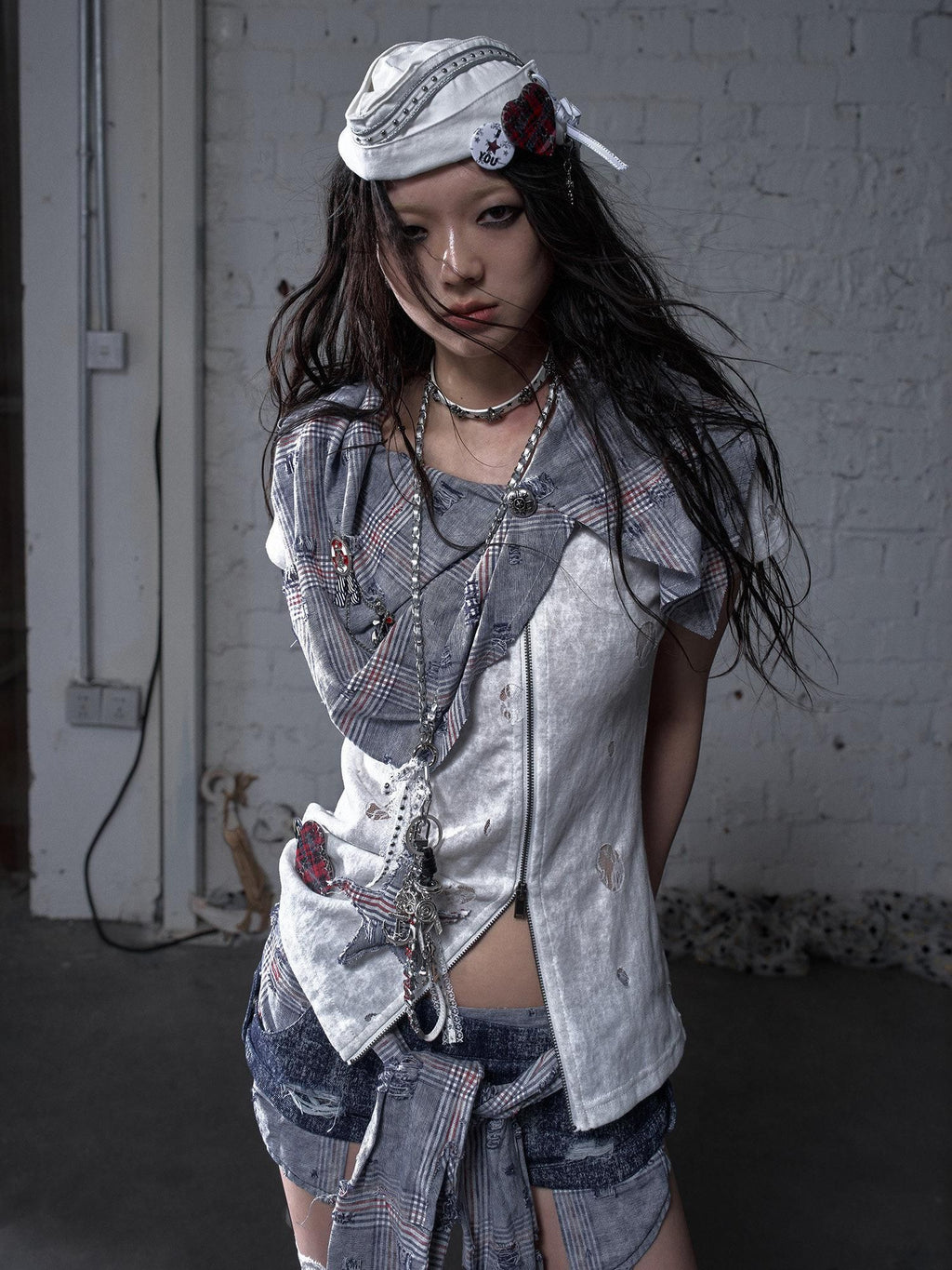 NO ROMANCE Blue White Check Punk Street Style Regular Fit Women Short Sleeve T-Shirts