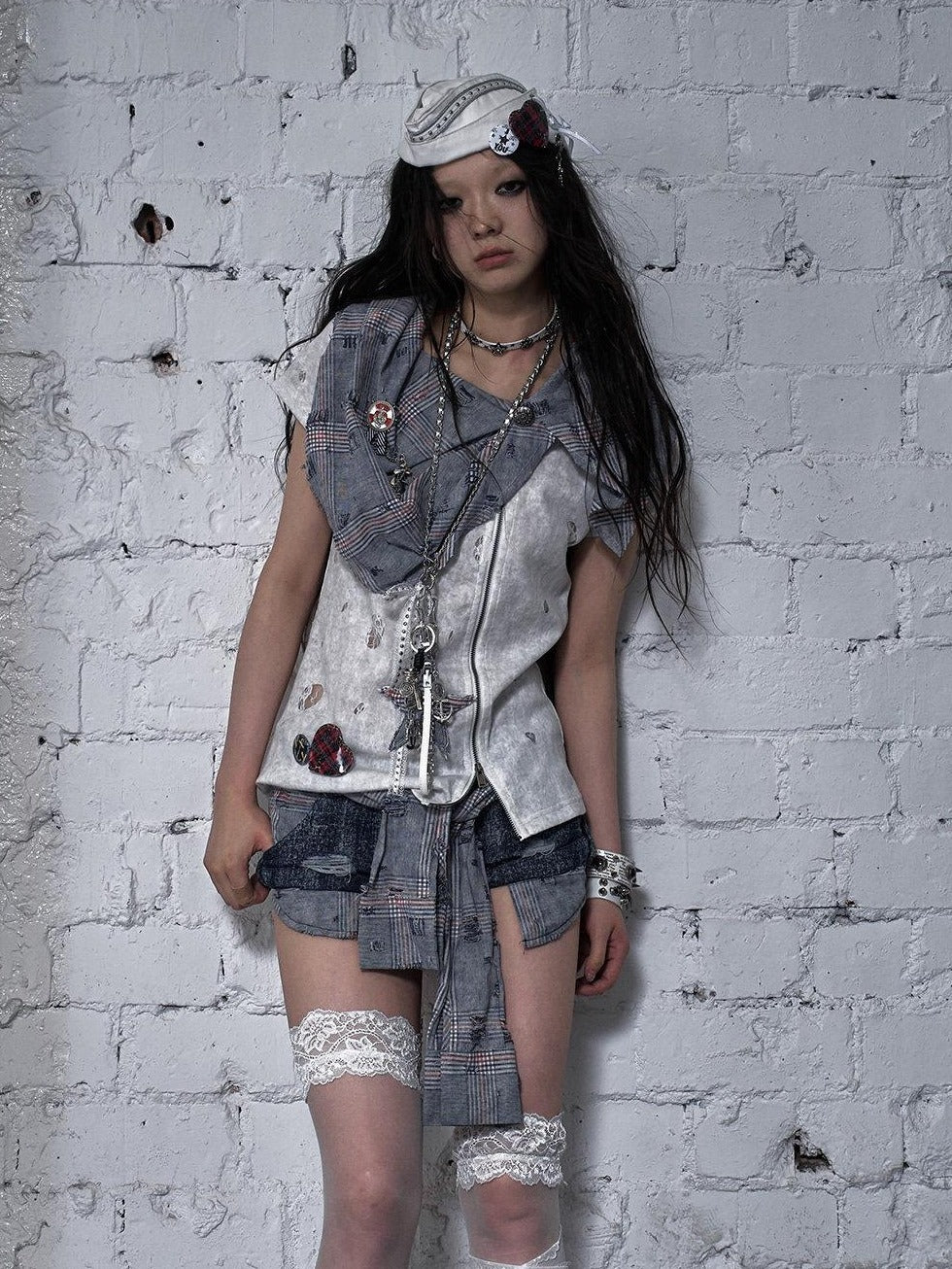 NO ROMANCE Blue White Check Punk Street Style Regular Fit Women Short Sleeve T-Shirts
