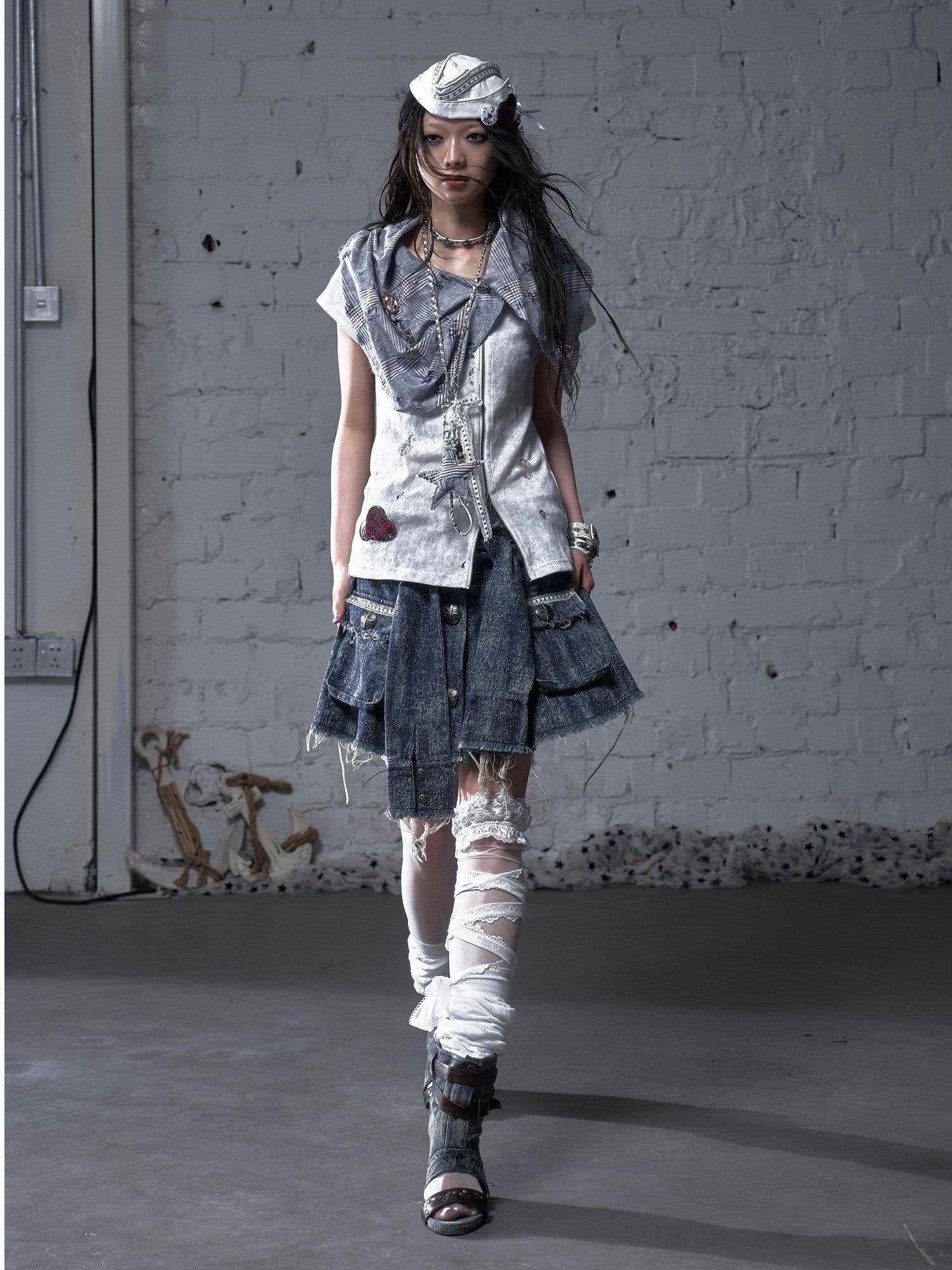 NO ROMANCE Blue White Check Punk Street Style Regular Fit Women Short Sleeve T-Shirts