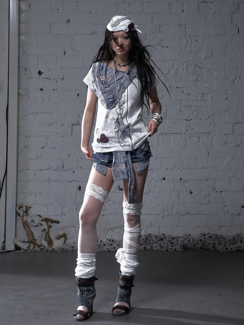 NO ROMANCE Blue White Check Punk Street Style Regular Fit Women Short Sleeve T-Shirts
