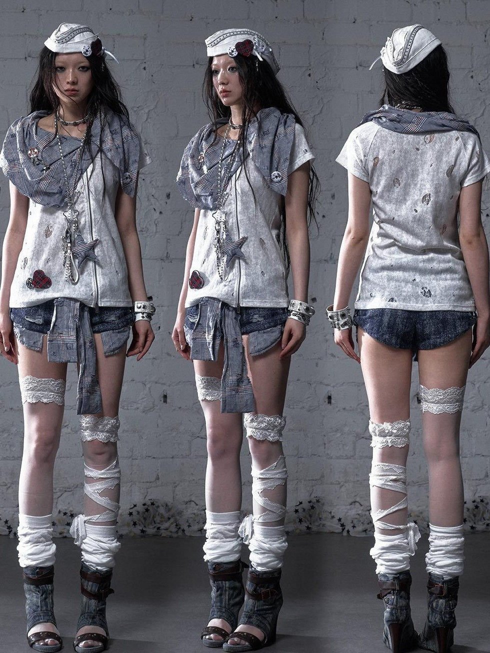 NO ROMANCE Blue White Check Punk Street Style Regular Fit Women Short Sleeve T-Shirts