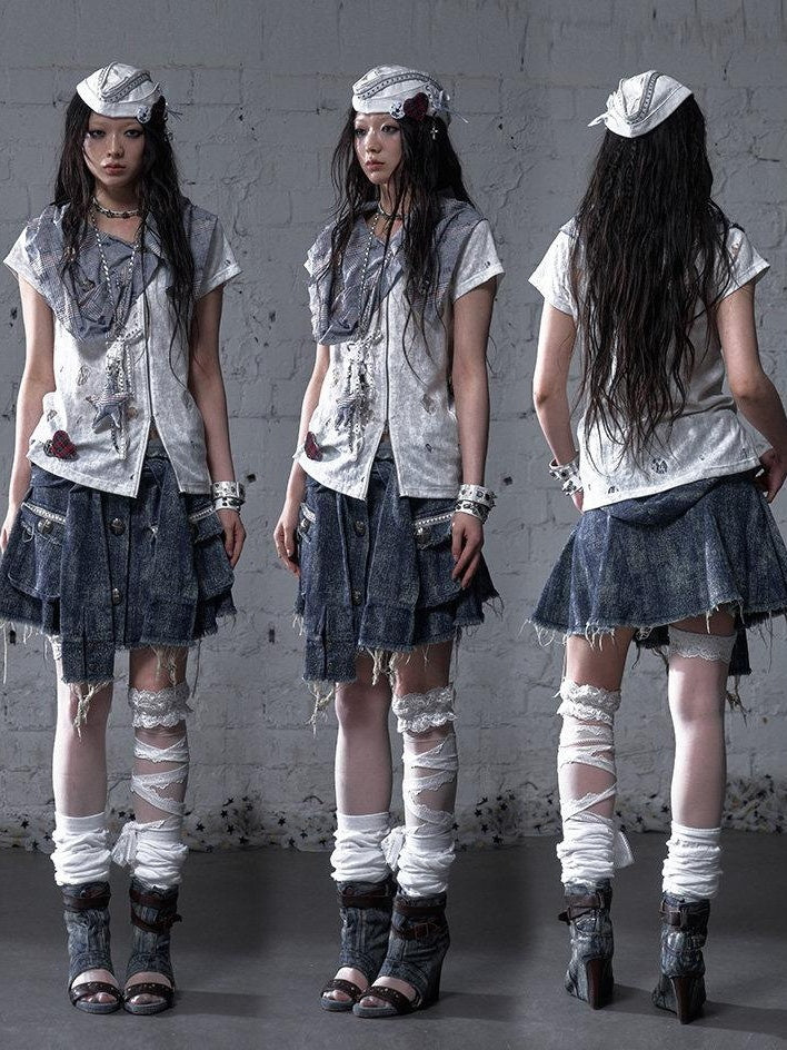 NO ROMANCE Blue White Check Punk Street Style Regular Fit Women Short Sleeve T-Shirts