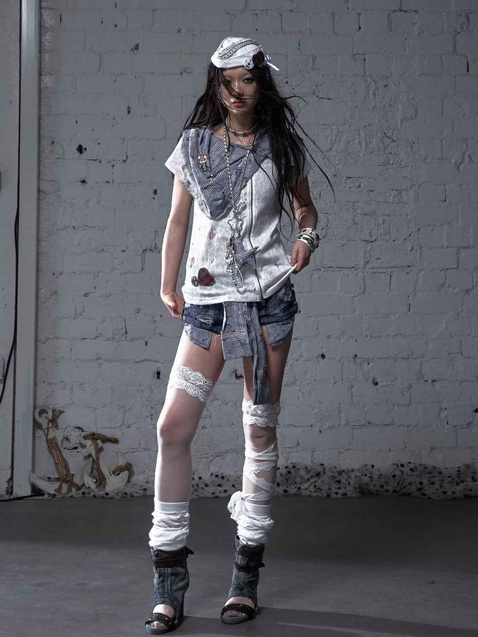 NO ROMANCE Blue White Check Punk Street Style Regular Fit Women Short Sleeve T-Shirts