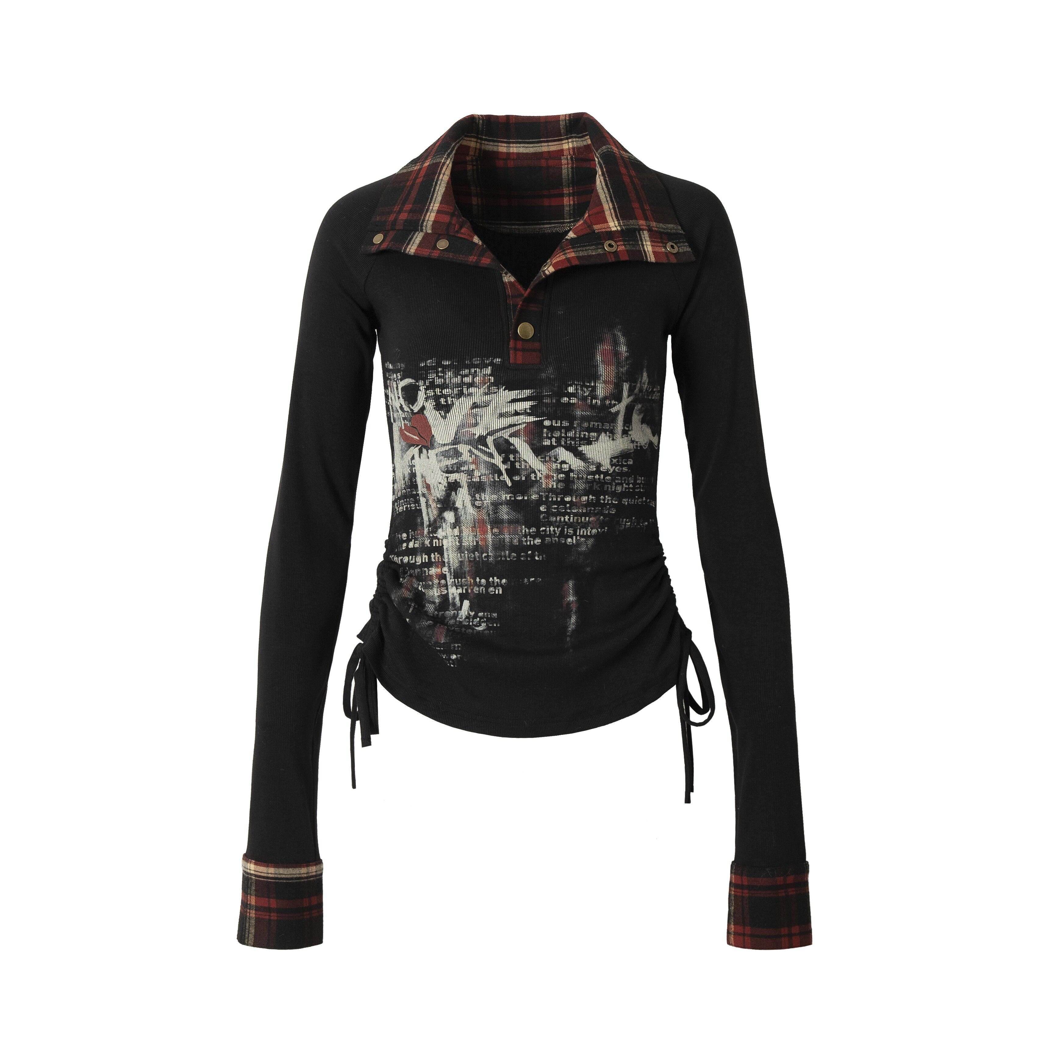 NO_ROMANCE_Bold_Print_Street_Punk_Slim_Henley_Black_Red_Cotton_Blend_Long_Sleeve_T-Shirts_MISSTT