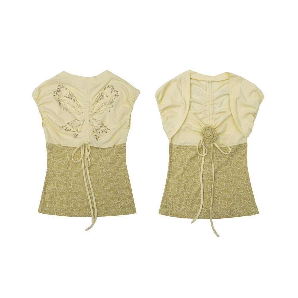 NO_ROMANCE_Bow_Lace_Puff_Sleeve_V-neck_Floral_Youth_Yellow_Cotton_Short_Sleeve_T-Shirts_MISSTT