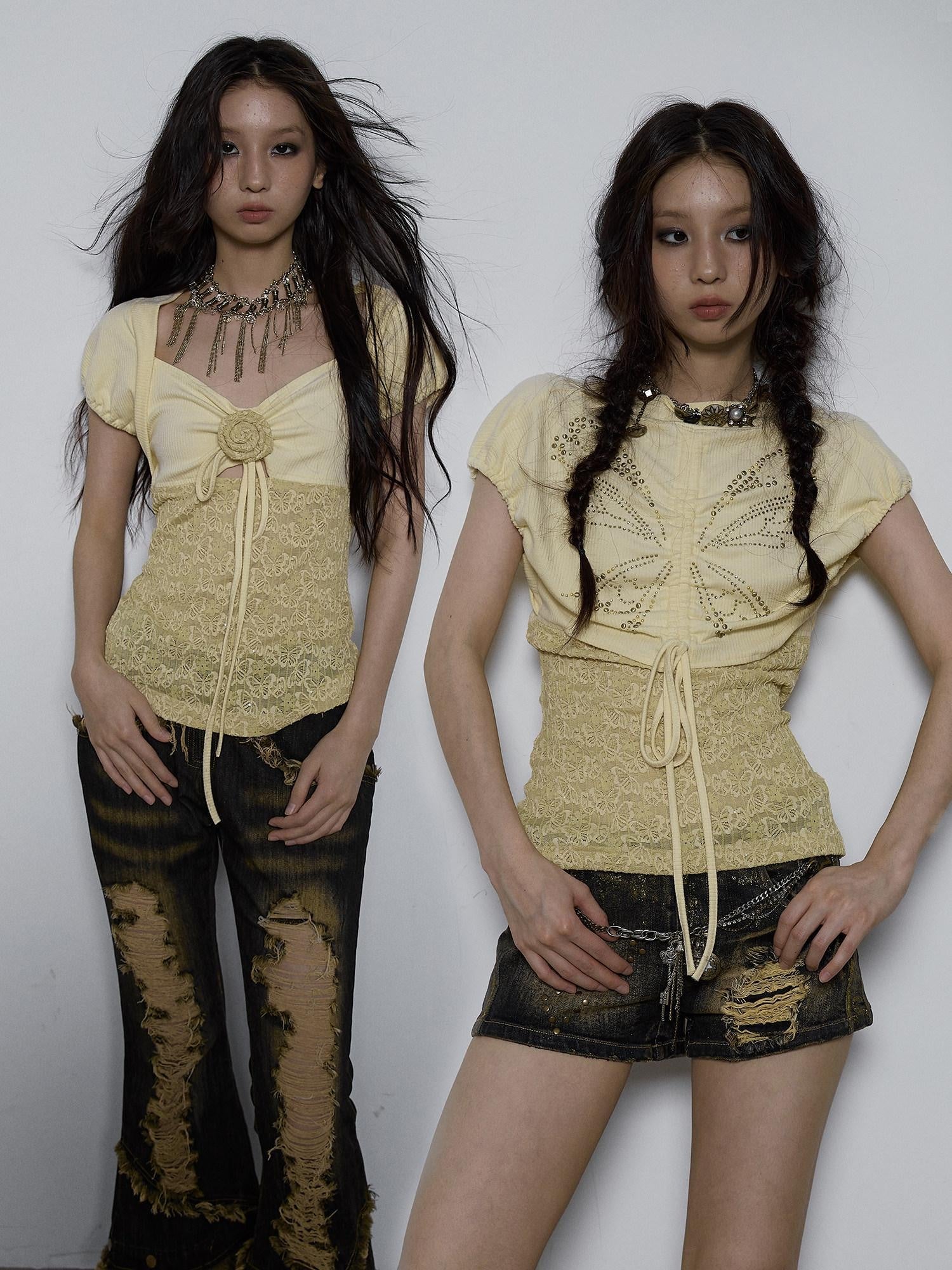 NO ROMANCE Bow Lace Puff Sleeve V-neck Floral Youth Yellow Cotton Short Sleeve T-Shirts