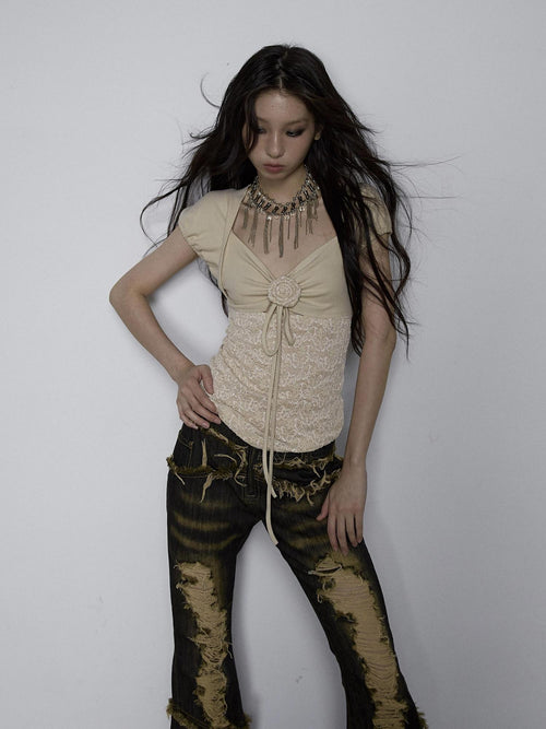 NO ROMANCE Bow Lace Puff Sleeve V-neck Floral Youth Yellow Cotton Short Sleeve T-Shirts