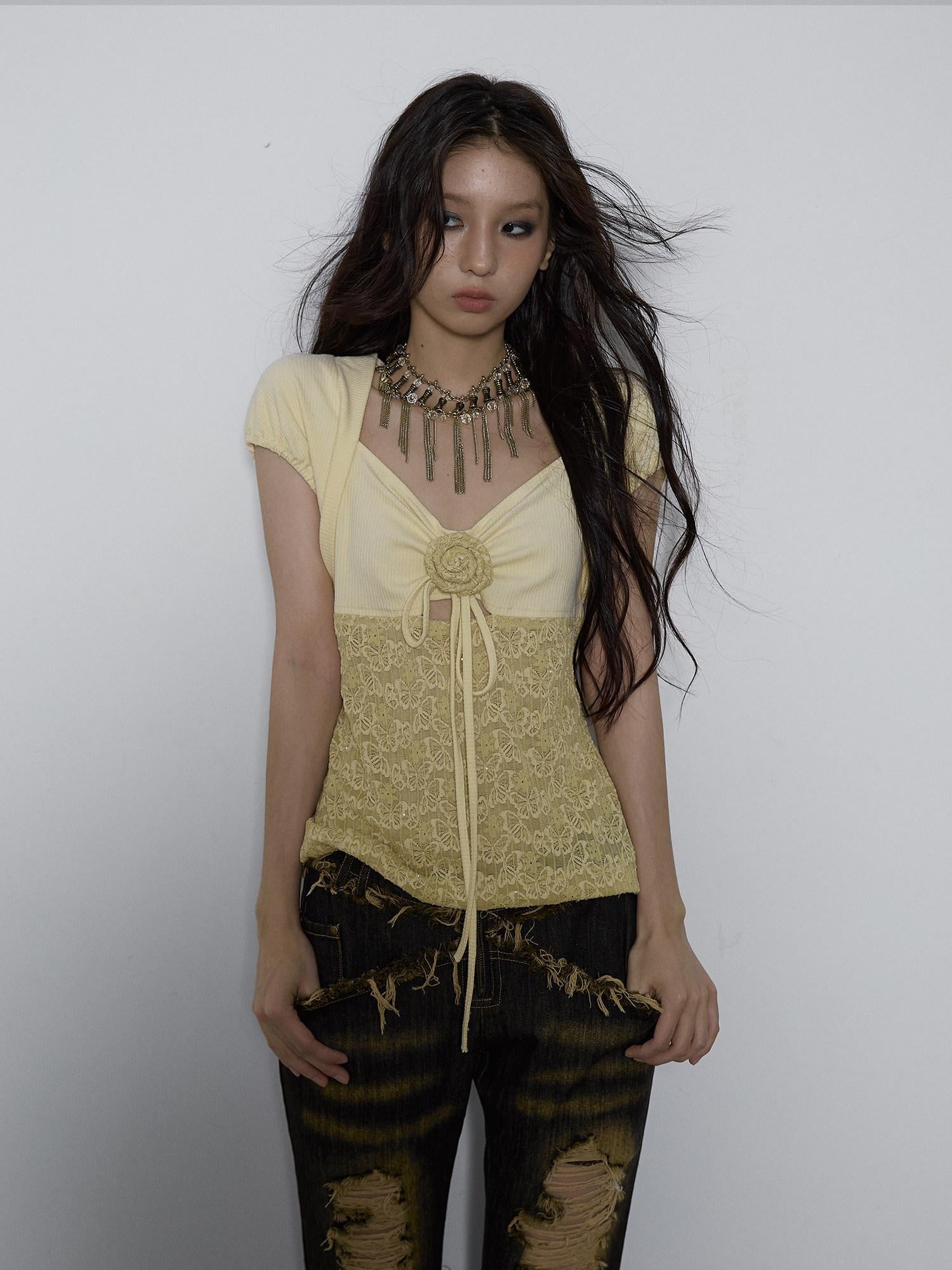 NO ROMANCE Bow Lace Puff Sleeve V-neck Floral Youth Yellow Cotton Short Sleeve T-Shirts