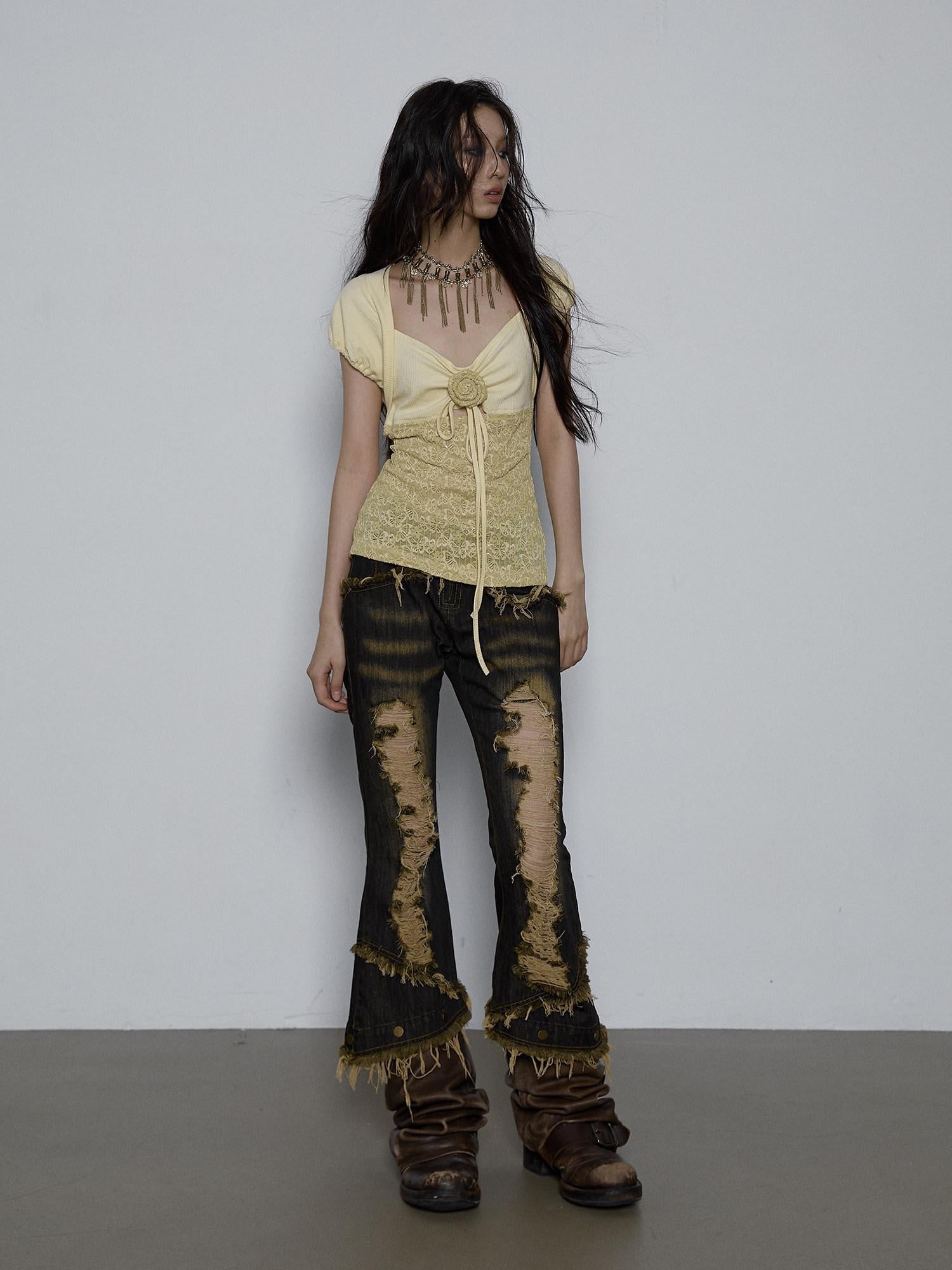 NO ROMANCE Bow Lace Puff Sleeve V-neck Floral Youth Yellow Cotton Short Sleeve T-Shirts