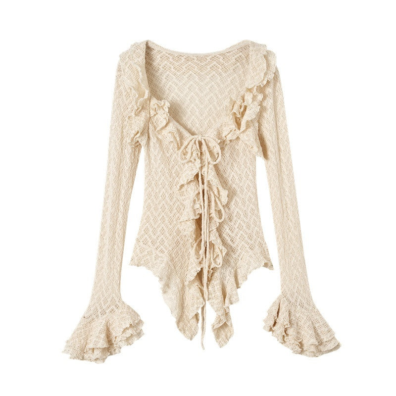 NO_ROMANCE_Breathable_Slim_Fit_Tie_Ruffle_Collar_Bell_Sleeve_Women_Beige_Blouses_MISSTT