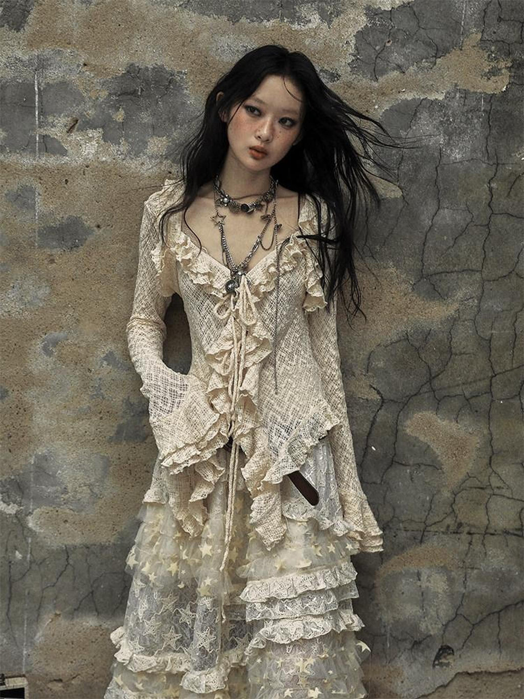 NO ROMANCE Breathable Slim Fit Tie Ruffle Collar Bell Sleeve Women Beige Blouses