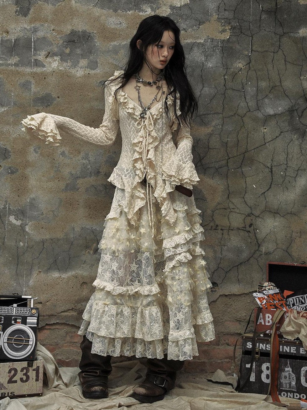 NO ROMANCE Breathable Slim Fit Tie Ruffle Collar Bell Sleeve Women Beige Blouses