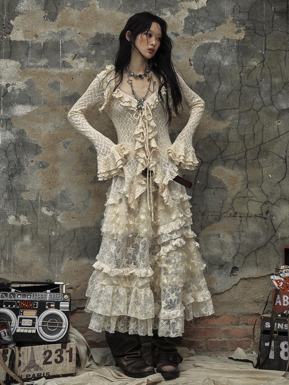 NO ROMANCE Breathable Slim Fit Tie Ruffle Collar Bell Sleeve Women Beige Blouses