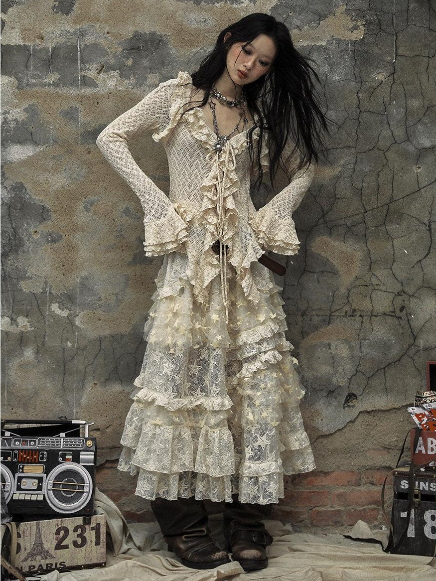 NO ROMANCE Breathable Slim Fit Tie Ruffle Collar Bell Sleeve Women Beige Blouses