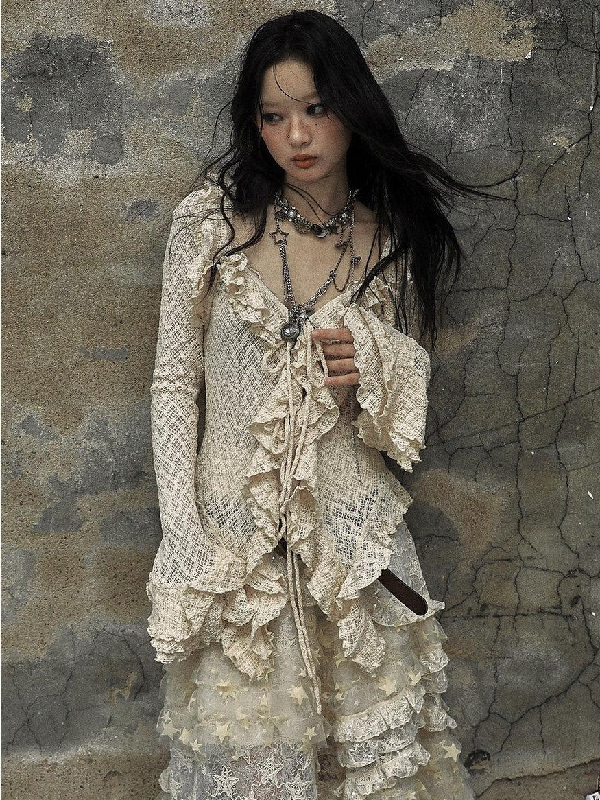 NO ROMANCE Breathable Slim Fit Tie Ruffle Collar Bell Sleeve Women Beige Blouses
