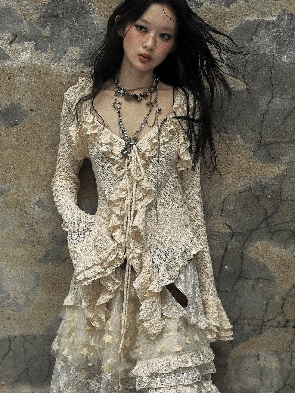 NO ROMANCE Breathable Slim Fit Tie Ruffle Collar Bell Sleeve Women Beige Blouses