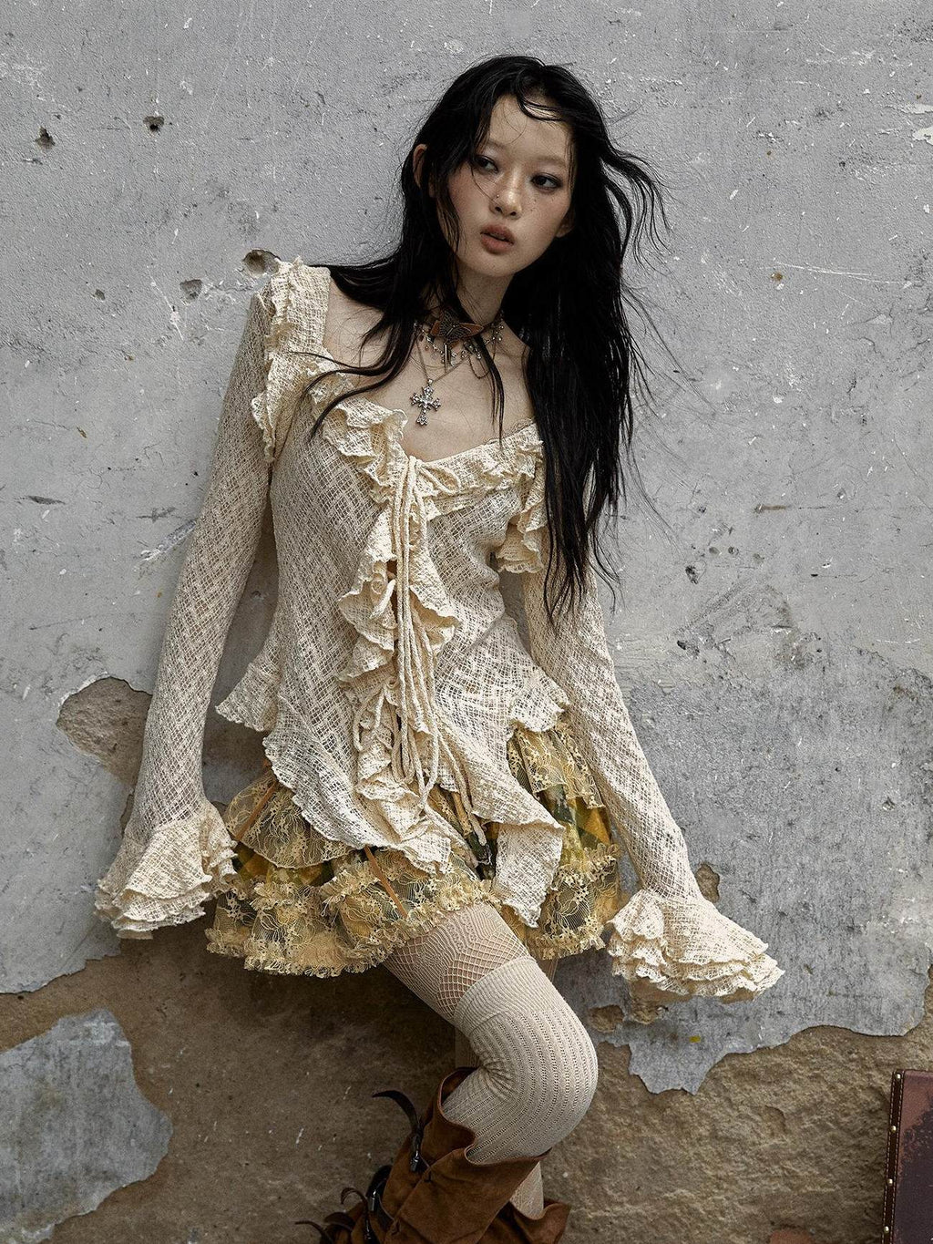 NO ROMANCE Breathable Slim Fit Tie Ruffle Collar Bell Sleeve Women Beige Blouses