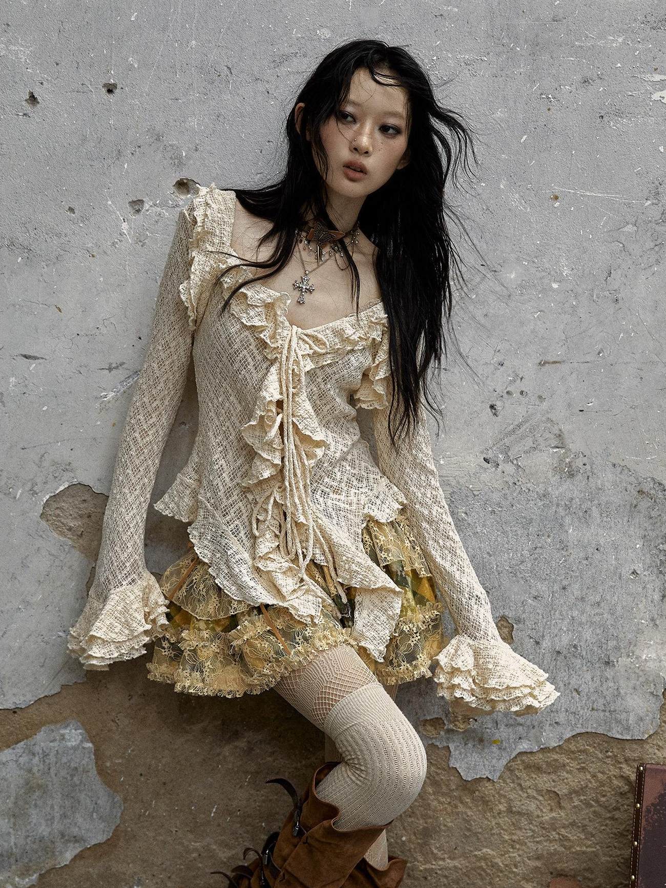 NO ROMANCE Breathable Slim Fit Tie Ruffle Collar Bell Sleeve Women Beige Blouses