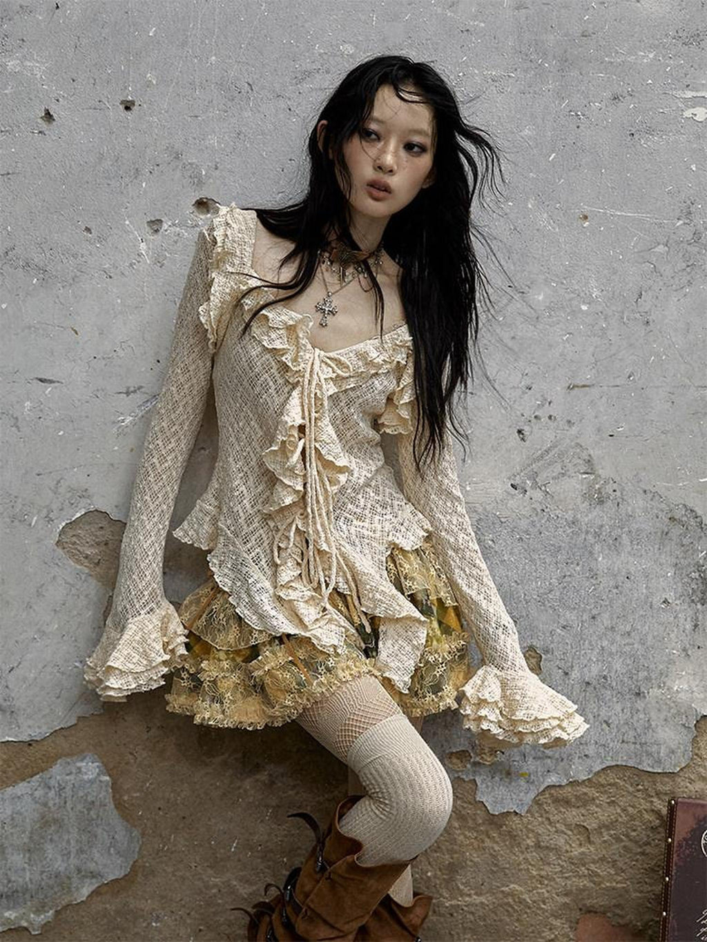 NO ROMANCE Breathable Slim Fit Tie Ruffle Collar Bell Sleeve Women Beige Blouses