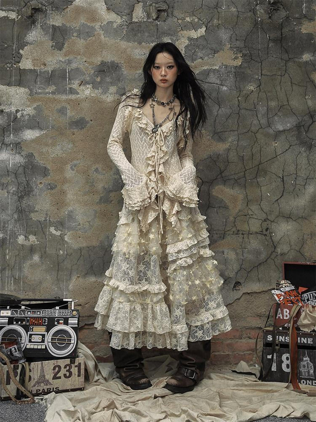NO ROMANCE Breathable Slim Fit Tie Ruffle Collar Bell Sleeve Women Beige Blouses
