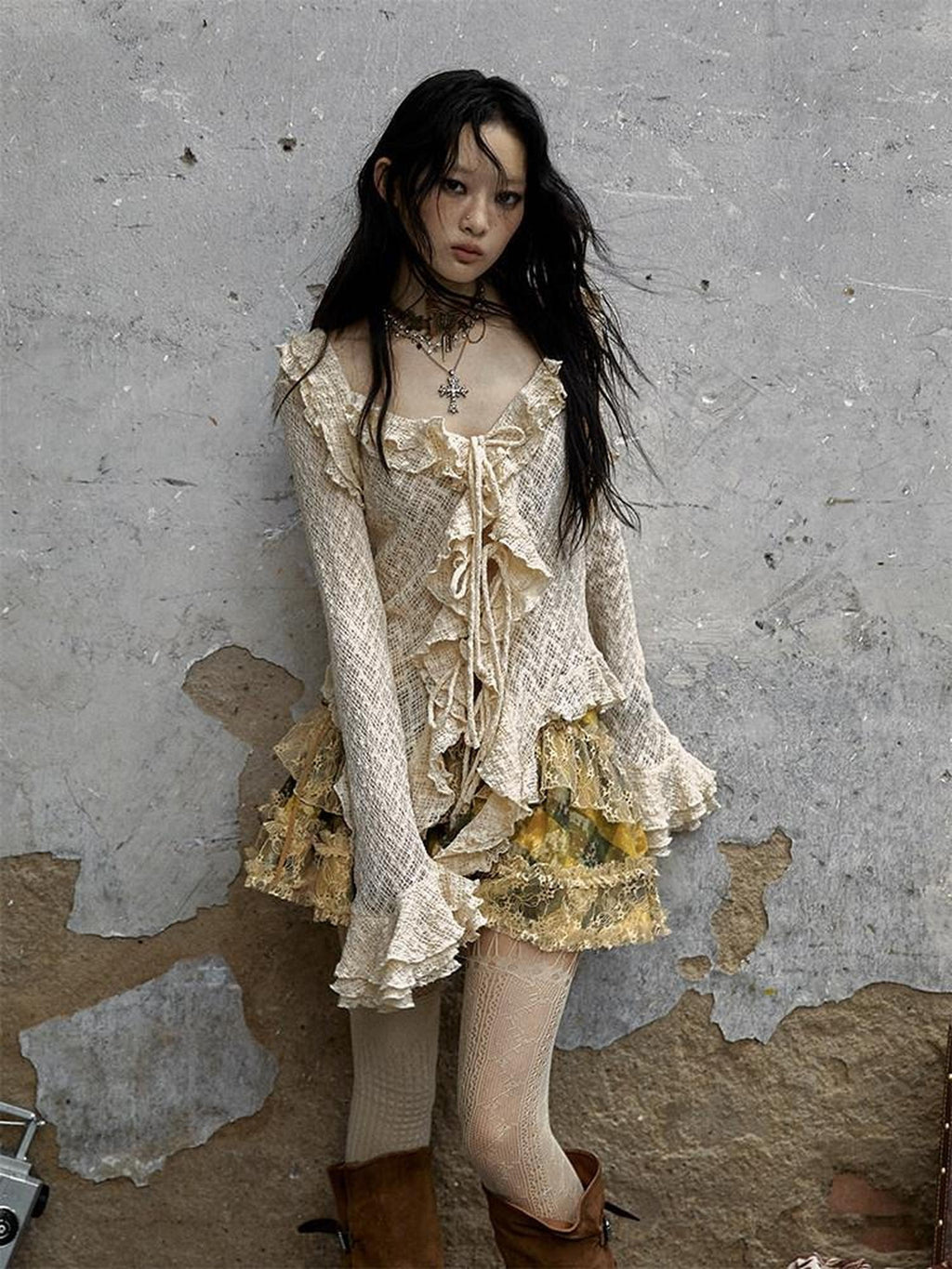 NO ROMANCE Breathable Slim Fit Tie Ruffle Collar Bell Sleeve Women Beige Blouses