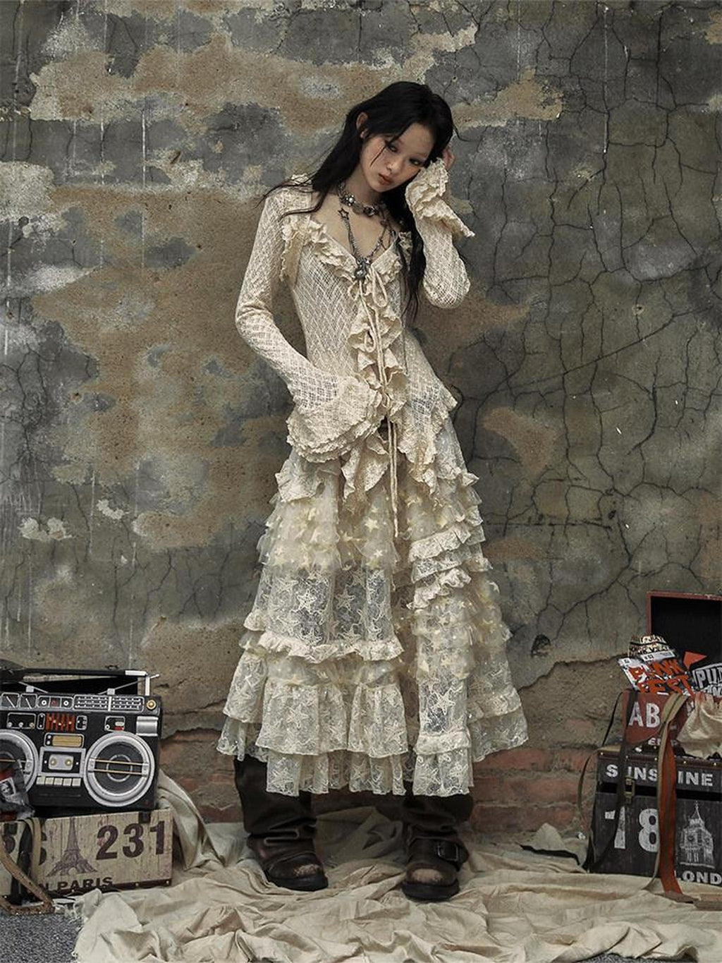 NO ROMANCE Breathable Slim Fit Tie Ruffle Collar Bell Sleeve Women Beige Blouses