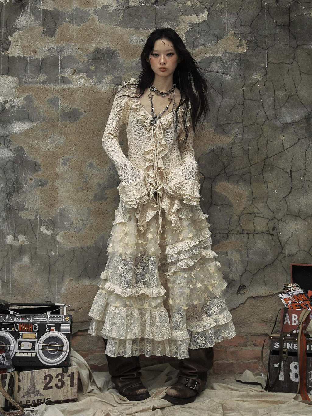 NO ROMANCE Breathable Slim Fit Tie Ruffle Collar Bell Sleeve Women Beige Blouses