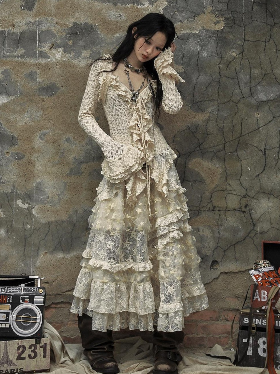 NO ROMANCE Breathable Slim Fit Tie Ruffle Collar Bell Sleeve Women Beige Blouses