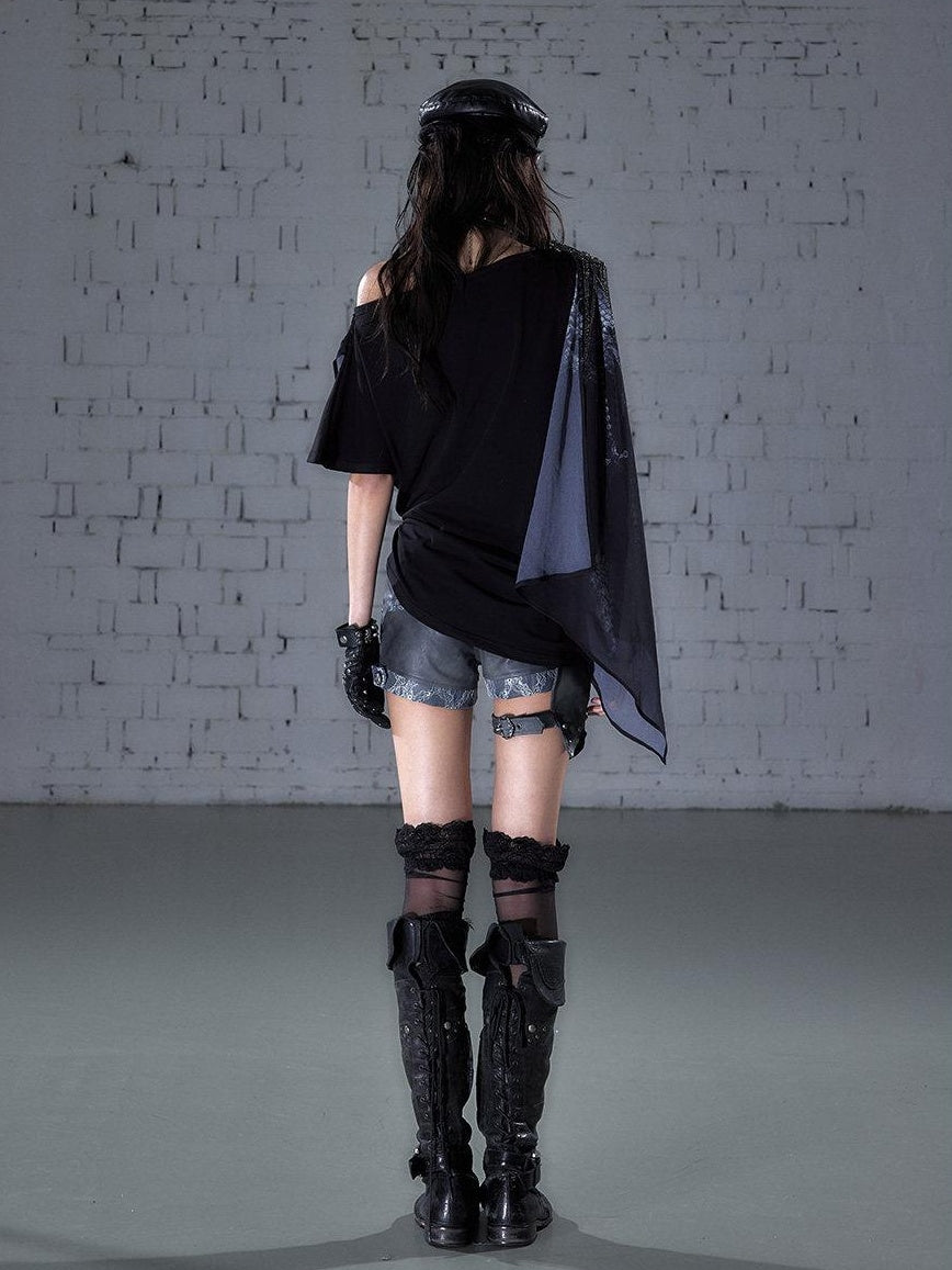 NO ROMANCE Chiffon Loose Fit Relaxed Draped Neck Letter Print Women Short Sleeve T-Shirts